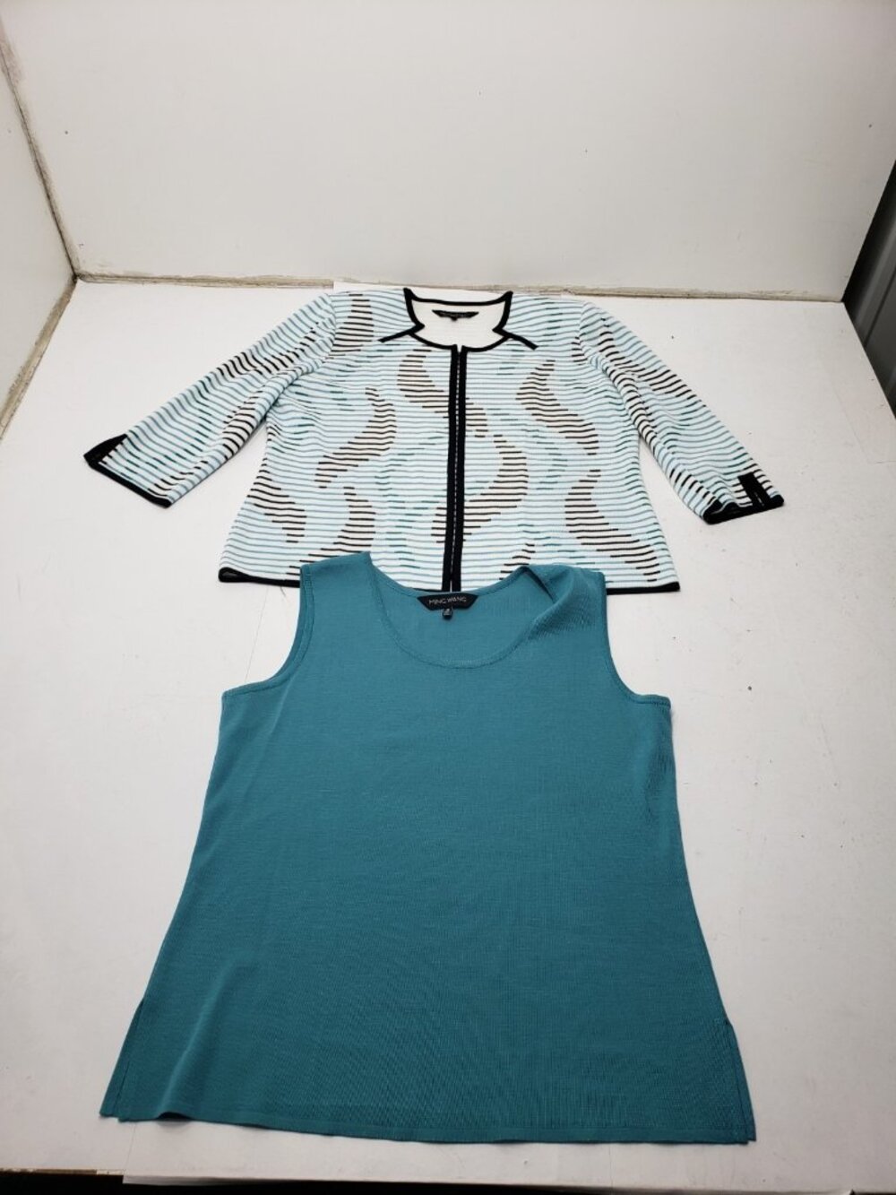 Ming Wang Women's Size M 2 Piece Tank Top Striped Open Front Jacket Teal